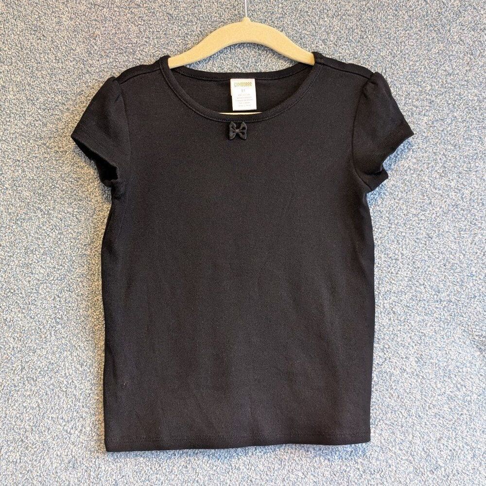 Gymboree Girls Size 5T Solid Black Basic Neutral Bow Detail Short Sleeve Shirt